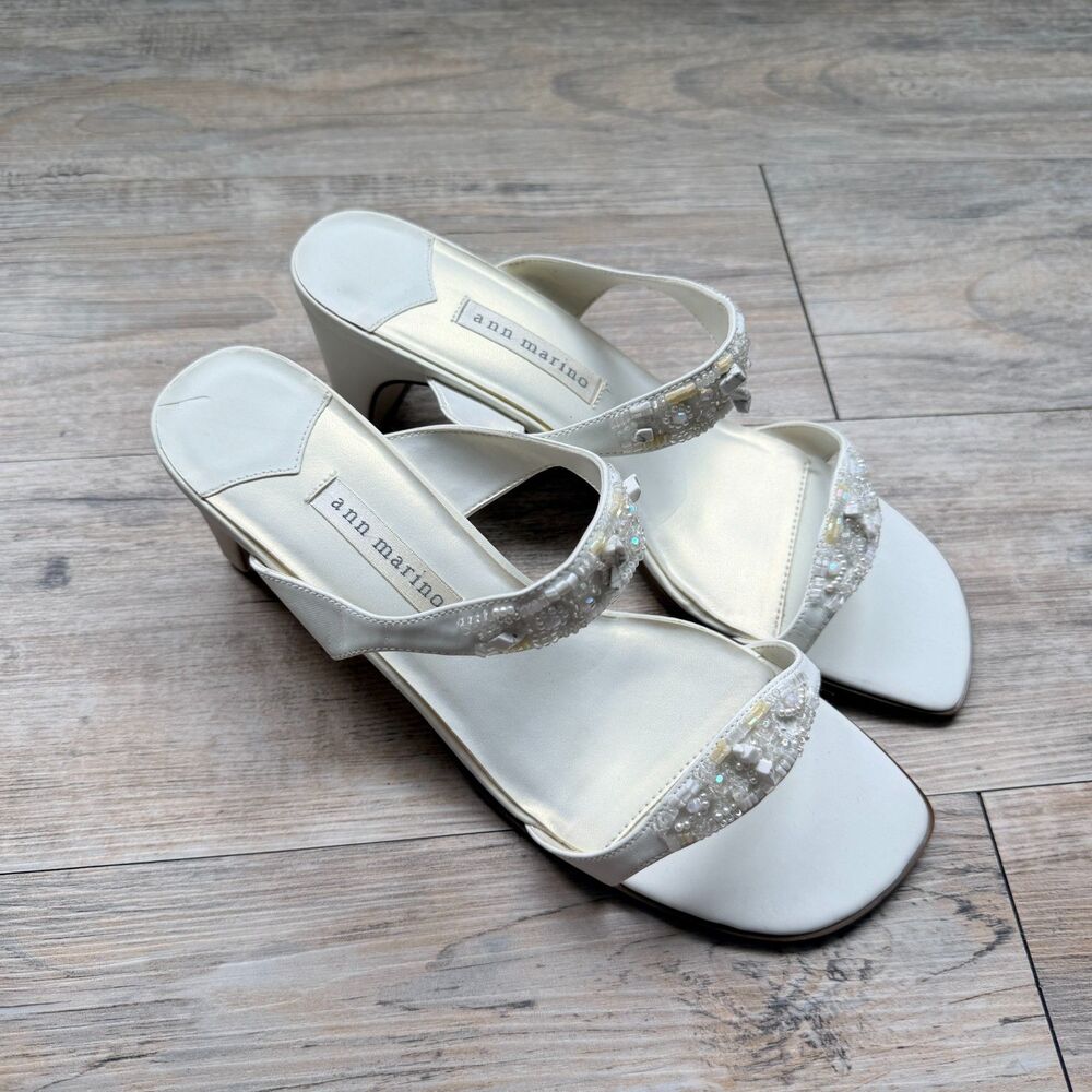 Ann Marino White Beaded Satin Slide Heels Women 10M Bridal Wedding Shoes Vintage